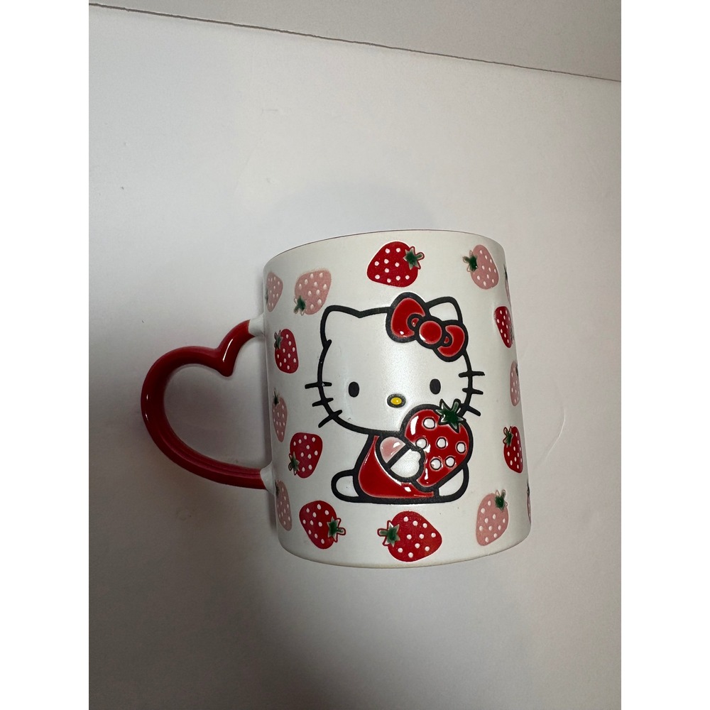 Blue Sky Sanrio‎ Hello Kitty Strawberry Heart Handle Ceramic Mug Red White 2024